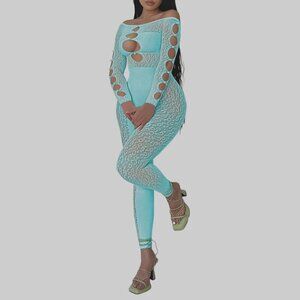 Womens Bodycon Sheer Mesh Jumpsuit Sexy Leopard Print Pearls Off-Shoulder SMALL